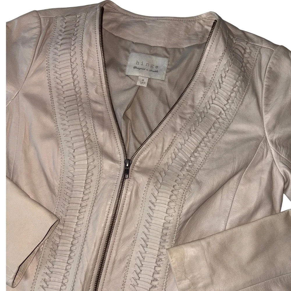 Hinge Genuine Leather Jacket M Beige Tan Woven Braided Zip Collarless Moto Luxe - Picture 5 of 6